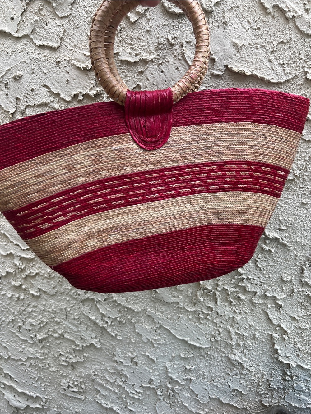 Handwoven Red and Natural Straw Tote Bag with Round Handles